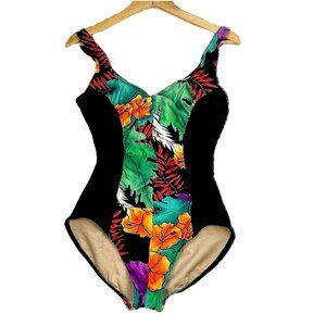 The Slim Suit Women’s One Piece Swimming Suit Bathing Suit Size 10 Tropical 80s